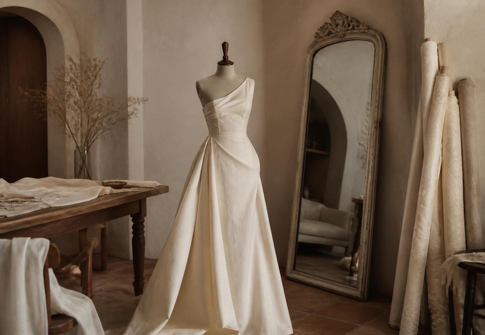 Interior del taller de Atelier Villar con un vestido de novia en maniquí