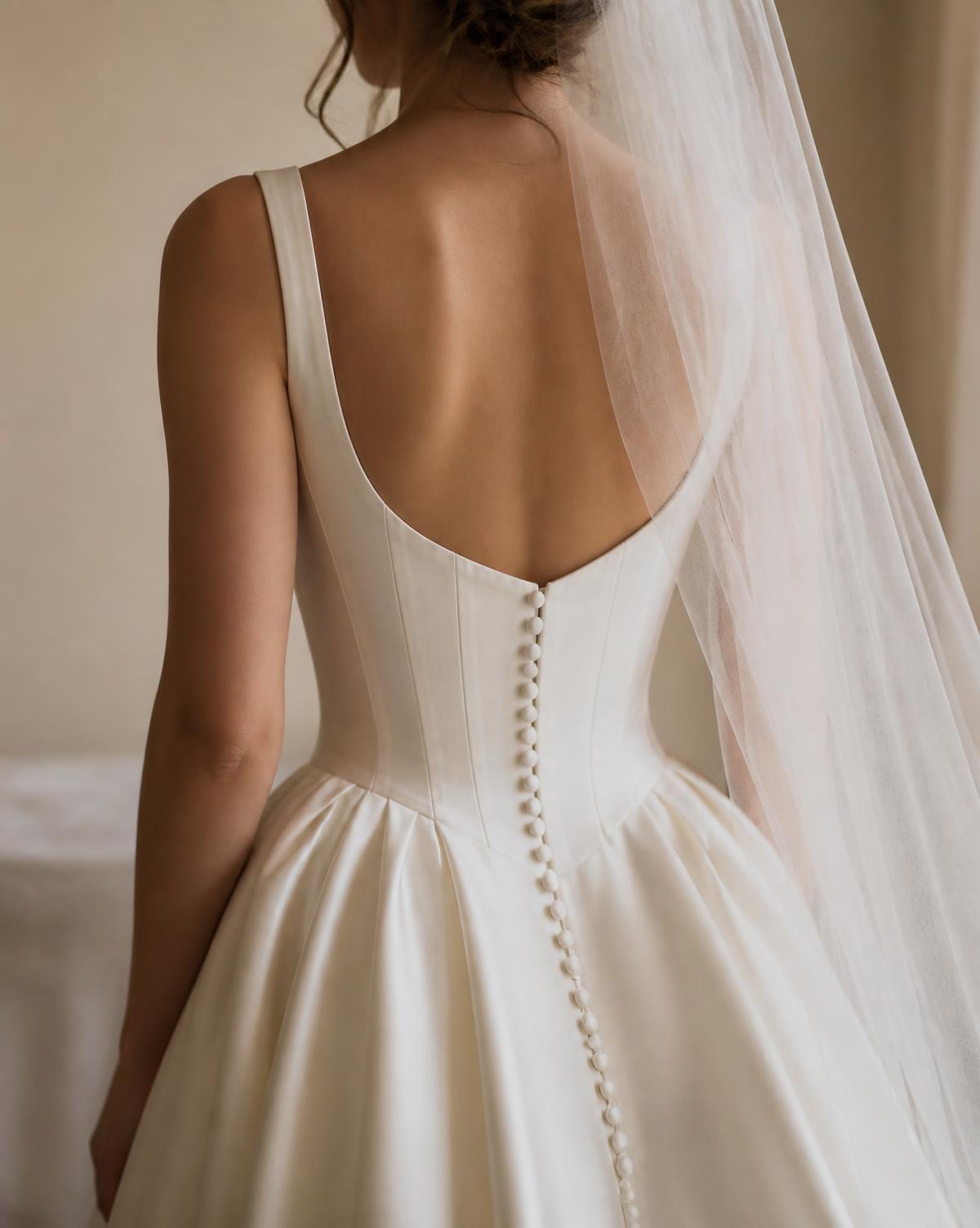 Detalle de la espalda de un vestido de novia con botones forrados